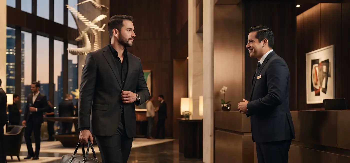 Un huésped llega al lobby del hotel y lo recibe el personal de recepción