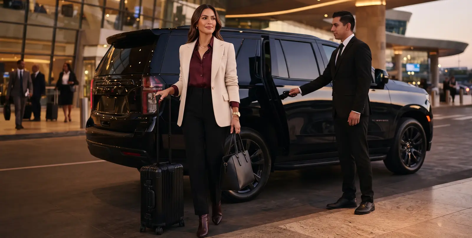 Un chofer abre la puerta de la camioneta a una empresaria recién llegada al aeropuerto