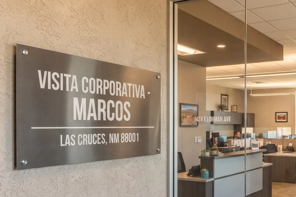 Placa en la entrada de las oficinas: «Visita corporativa — Marcos, Las Cruces, NM 88001»